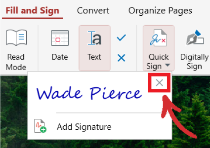 PDF Extra: deleting a signature from the Quick Sign menu